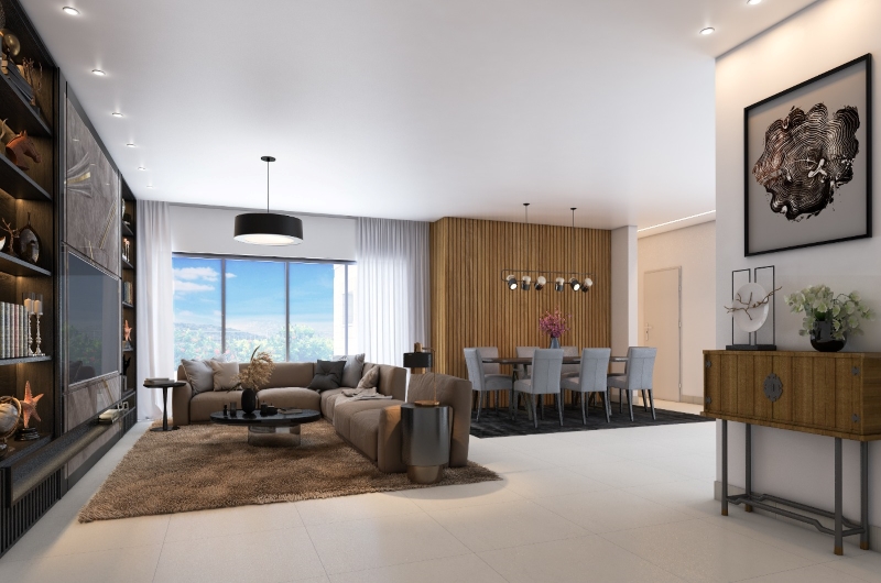 סלון ופינת אוכל עם חלון גדול באמצע